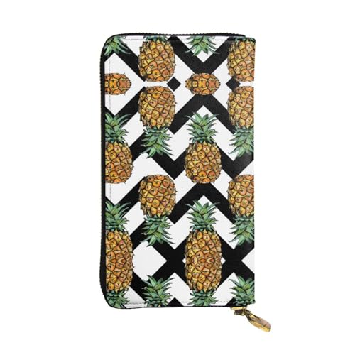 Grand portefeuille fermeture éclair anti-perte en cuir véritable imprimé ananas pour smartphone