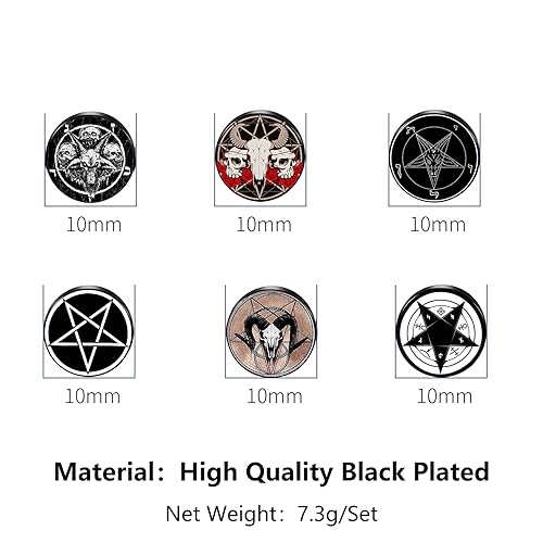 SIISPRI 6Pairs Satan Goat Head Stud Earrings Mens Earrings Set Hypoallergenic Surgical Punk Magic Pentagram Stainless Steel Round Circle Button Stud Post Earrings 10MM3
