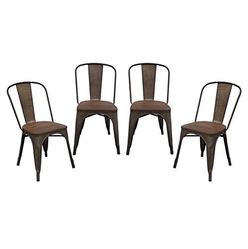 Purenity Metal Stack-Able Industrial Chic Dining Bistro Cafe Side Chairs, Outdoor and Indoor, Wood Seat, Set of 4