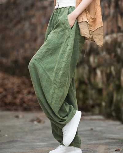LUZU JUNU Women's Vintage Cotton Linen Baggy Pants Elastic Waist Wide Leg Lantern Casual Trousers Loose Fit3