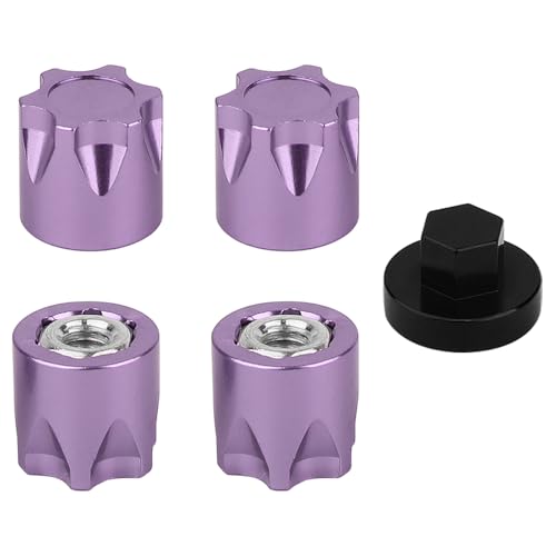 Pothyes 4PCS Aluminium Wheel Rim Center Cap M4 Nuts with Tool for 1/10 RC Crawler Axial SCX10 90046 TRX4 TRX6 Tamiya Recat RC Crawler Upgrades，Star Shape (Purple)