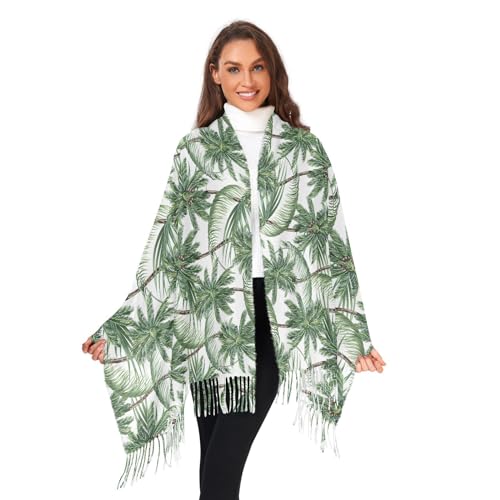 VIGTRO Natural Palm Tree Women Wrap Pashmina Shawl, Green Tropical Leaf Winter Warm Long Scarf with Tassels for Evening Dress & Wedding