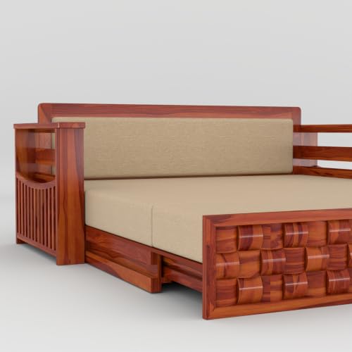 Image of Solid Sheesham Wood Sofa Cums Bed with Mattress & Storage | Rosewood Convertible Sofa Bed for Living Room & Bedroom (G-Honey Finish, 3 Seater)