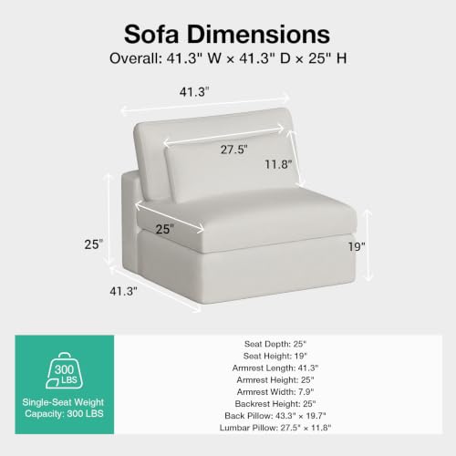 Image of Novilla Deep Seat Modular Sectional Sofa, Removable Washable Covers, Cloud Couch with Lumbar Pillows, Chenille Boneless Sectional Couch Beige, No Assembly Required, Armless Chair