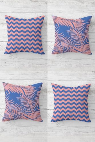 Pembe-Mavi Zigzag ve Tropikal Yaprak Desenli Kırlent Kılıfı Takımı, 4 Adet, Gizli Fermuarlı, 45 x 45