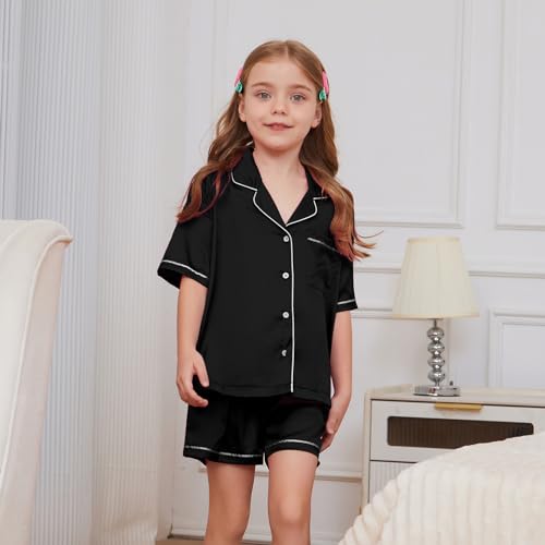 QPANCY Kids Satin Pajamas Sets Baby Boy Girl Button-Down Silk Sleepwear 2 Piece Short Sleeve Loungewear Clothes Set3