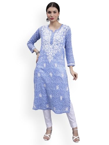 Image of Seva Chikan Hand Embroidered Lucknowi Chikankari Regular Fit Straight Malmal Cotton Kurta Kurti for Women SCL4458