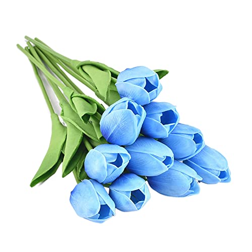 10 Pcs Tulips Artificial Flowers Faux Tulips Real Touch Long Stem Fake Tulips Bouquet For Home Office Wedding Table Decor 13.4" Tall (Light Blue) #TOP12