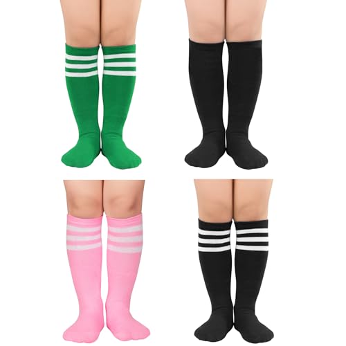 Zando 4 Pairs Toddler Knee High Socks Black Soccer, Baseball, Long Sports Tube Socks for Boys Girls Black*2/Pink/Green 6-9 Years
