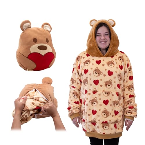 Image of Wearable Blanket Hoodie - Teddy Hearts 2-in-1 Blanket Hoodie for Adults - Oversized Sweatshirt with Pocket - Heart Print Reversible Hoodie & Travel Pillow