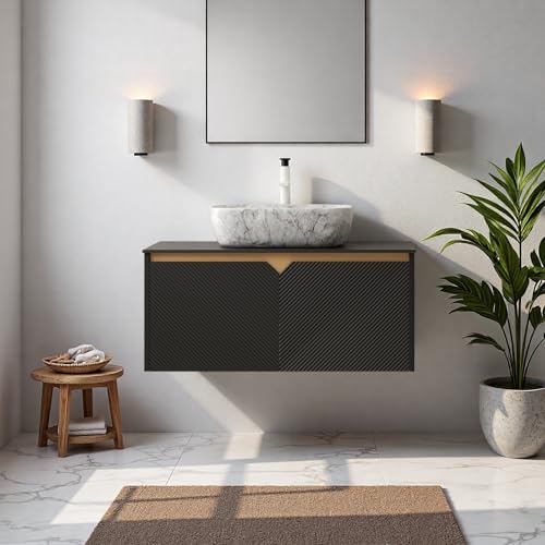 Image of Floating Bathroom Vanity with Sink, 36 inch Bathroom Storage Cabinet with Sintered Stone Countertop & Marble-Pattern Ceramic Basin, Wall-Mounted Vanity with 2 Twill Pattern Doors, Black