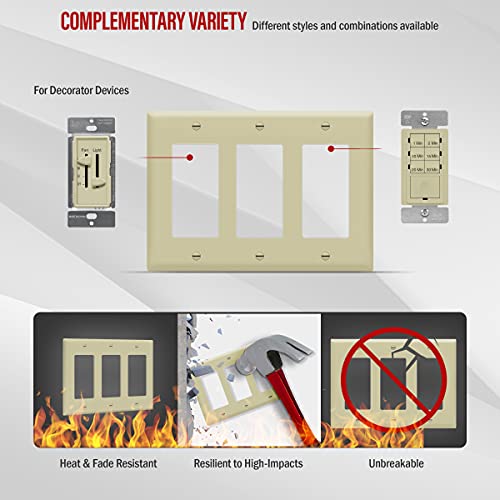 Enerlites Decorator Light Switch Or Receptacle Outlet Wall Plate, Gloss Finish, Size 3-Gang 4.50" X 6.38", Unbreakable Polycarbonate Thermoplastic, Ul Listed, 8833-I, Ivory #TOP4