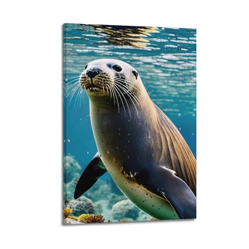 Poster sur toile de lions de mer au fond de la mer 60x90 cm art moderne haute définition