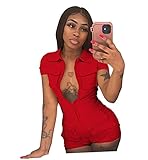 Halfword Womens Sexy Bodycon Romper Zip Up Solid Color Short Pants One Piece Jumpsuits Clubwear with
