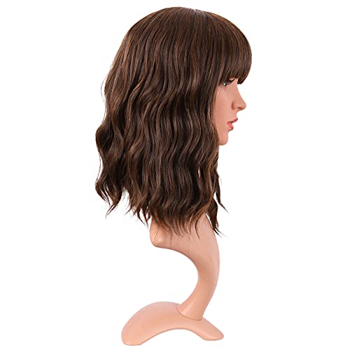 Image of MapofBeauty 14 Inch /35 cm Short Wavy Curly Women Fresh Bright Synthetic Ordinary Flat Bangs Bob Wig (Brown)