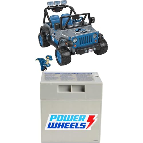 Bundle of Power Wheels Jurassic World Dino Damage Jeep Wrangler Ride-On Toy with Lights, Sounds and Dinosaur Toy, Multi-Terrain Traction, Seats 2 + Replacement Battery 12-Volt 12-Ah Rechargeable