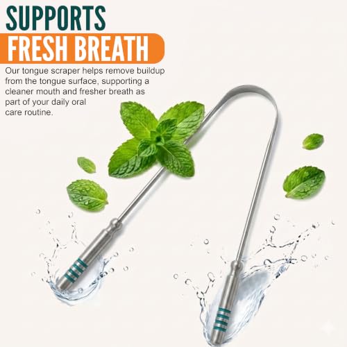 Image of Tongue Scraper for Adults, 2 Pack Stainless Steel Tongue Cleaner Green Handle, Easy to Use Metal Tongue Scrubber with 2 Travel Cases & 2 Storage Pouches, Reusable Oral Hygiene Tool for Bad Breath