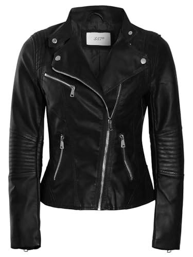 Price comparison product image SS7 Womens Biker Jacket Faux Leather Black