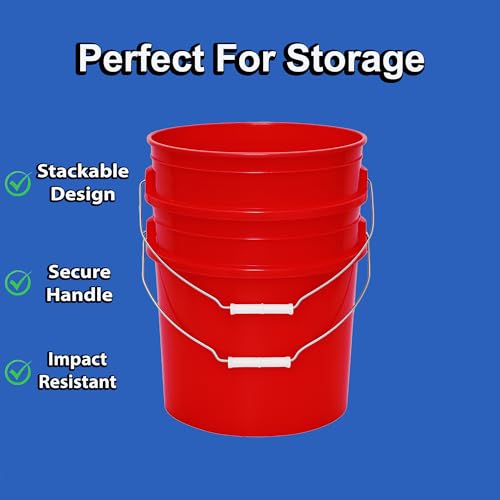 Image of 5 Gallon Bucket & Lid - All Purpose Pail - Made in USA - Food Grade - BPA Free (Red, 6-Pack)