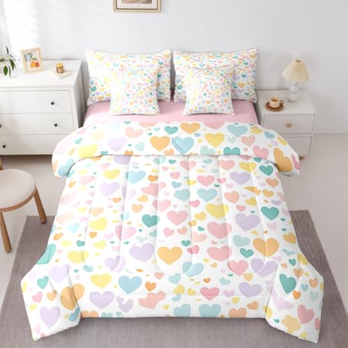 Image of Erosebridal Girls Heart Pattern 7 Piece Comforter Set Twin Rainbow Heart Bed in A Bag Kawaii Valentine Theme Bedding Sets for Kids Girls Cartoon Geometric Sheet Set with Comforter