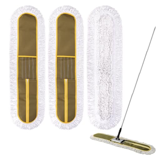 36 Inch Commercial Dust Mop Head: Replacement Industrial Heavy Duty Floor Duster Mop Head for Hotel Gym Household Cleaning Supplies for Hardwood, Tiles, Marble Floors (Green - 34 Inch, 3 Pack)