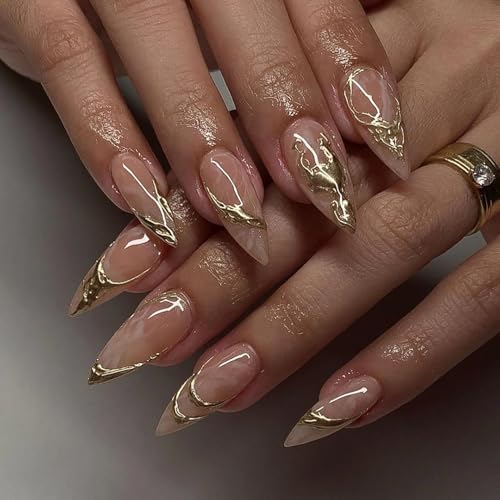 TBRZTR French Tip Press on Nails Almond 3D Gold Lines Design Fals...