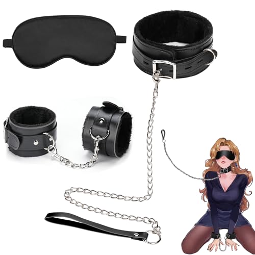Sexyhot 首輪 人間 sm リード付き 手枷 アイマスク SMグッズ 3点セット 調教首枷 金属チェーン 痛くない sm拘束具 ユニセックス（黒） - 画像1