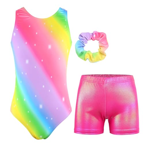 JESKIDS Gymnastics Leotards for Girls Dance Unitards Biketards Matching Shorts Activewear Suits for Girls 4-13 Years, rainbow, 10-11 Jahre