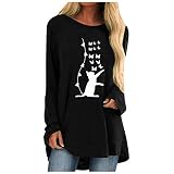 Longshirt Damen Katze Druck Sommer Herbst Lange Oberteile Große Größen Bedruckte Longbluse Longpullover Langarm T Shirt Casual Lose Elegant Pullover Bluse Sweatshirt Langarmshirt Hemd Tops