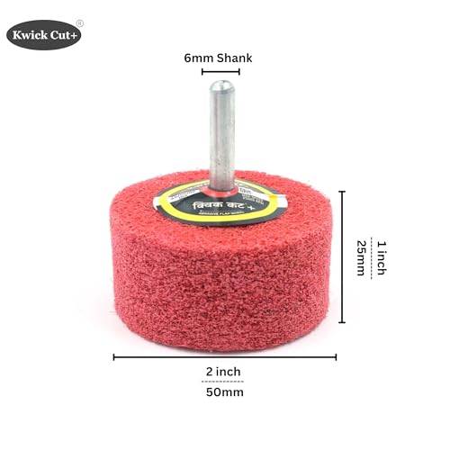 Image of Kwick Cut+ Non-Woven Unitised Abrasive Matt Mop Wheel for Drill 50x25mm (2 inch) with 6mm Shank - Red Surface Conditioning Polishing Buffing Wheel for Metal, Wood, Rust Removal - for Rotary Tools