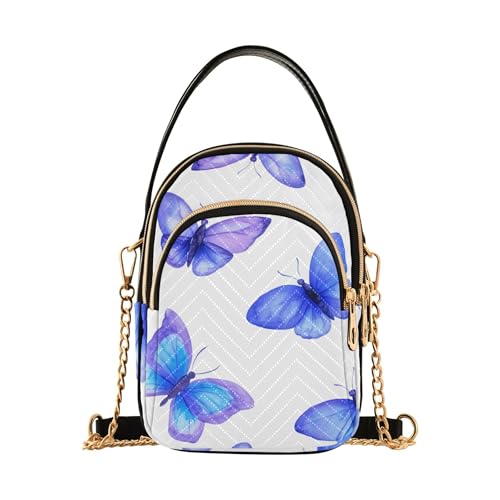 Watercolor Blue Purple Butterflies White White Women Single Shoulder Purse Phone Wallet Chain Strap Purse Floral Print Zipper Lady Crossbody Bag, 5.9