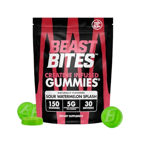 BEAST BITES Creatine Infused Gummies - 5g Creatine Monohydrate Per Serving - NSF Certified for Sport Clean Label Project Certified (150 Gummies Sour Watermelon Splash)