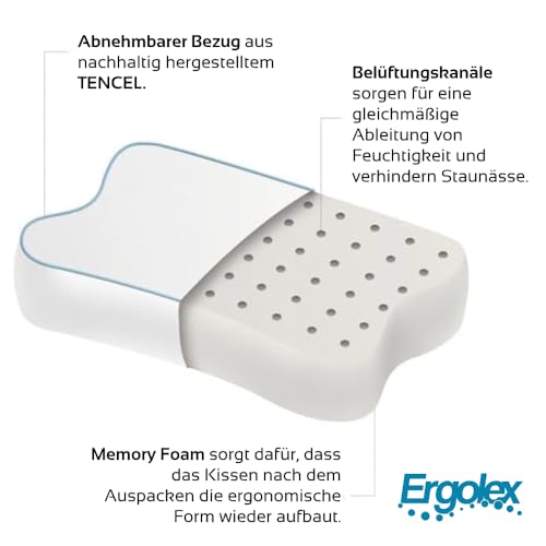 Ergolex Schlafkissen, ergonomisches & orthopädisches Kissen – Nackenkissen Kopfkissen gegen Nackenschmerzen – Seitenschläferkissen – Pillow für Männer & Frauen