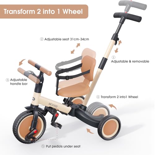 Image of newyoo Toddler Tricycle with Push Handle for 1-3 Year Old, Toddler Bike, Birthday Gift and Toy for Boys and Girls, 5 in 1 Kids Trike, Balance Bike with Backrest and Safety Belt, Khaki, TR007