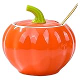 Whitenesser Porcelain Sugar Bowls with Lid and Spoons, Pumpkin Shape Ceramic Salt Bowl for Home and Kitchen Elegant Design Orange 10.5 OZ (300 ML)