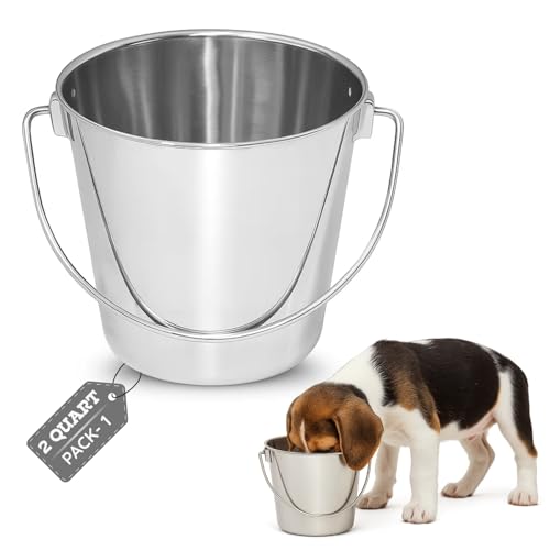 AASPIRE PETS 2 quart Heavy Duty Stainless Steel Round Bucket with Handle | 0.5 gal Sturdy Food & Water Bowl for Small Birds Dog Cat & Livestock | Fits kennel Crate Cage Farm | Hanging Utility Pet Pail