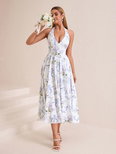 Image of Parthea Women's Gingham Halter V Neck Midi Dress Corset Smocked Sundress Flowy A Line Wedding Guest Dresses