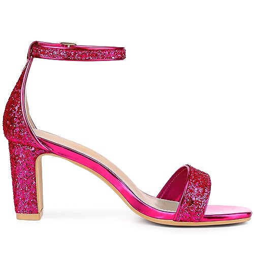 Allegra K Allegra K Women's Glitter Ankle Strap Chunky Heeled Hot Pink Sandals - 7.5 M US