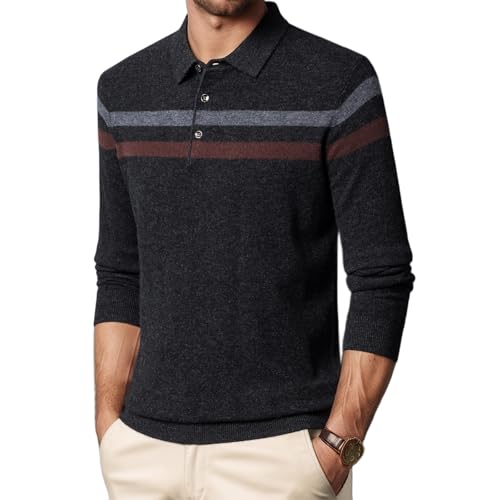 Men's 100% Wool Ribbed Knit Sweater Casual Long Sleeve Polo Sweater Collared Solid Pullover Tops