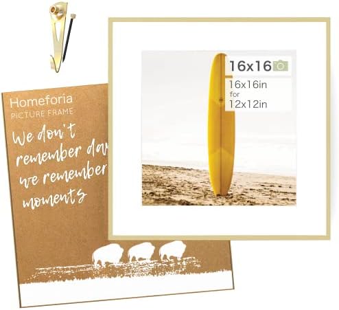 Homeforia 16x16 inch Square Picture Frame - 16 X 16 Frame Matted To 12x12 - Standard Square Photo Frames For 12 X 12 Picture- 12x12 Mat - Tempered Glass - Wall Hook Included - Set of 1 – Gold