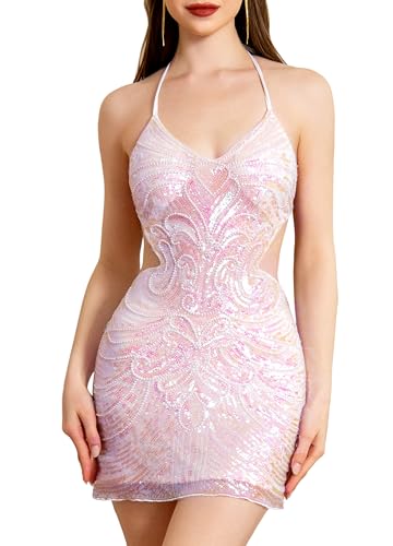Mocure Women Glitter Sequin Halter Dress Beaded Sexy Sheath Butterfly Sequin Mini Dress Party