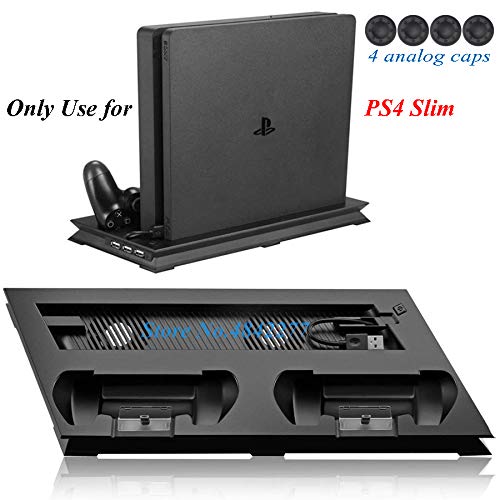 PS 4 Slim Vertical Stand Cooling Fan Cooler & Dual USB Charger Charging Dock and 3 Extra HUB for Playstation 4 PS4 Slim + 4 Caps