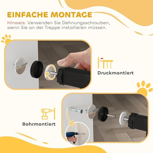 PawHut Türschutzgitter Treppenschutzgitter mit 10 cm Verlängerung Türgitter ohne Bohren Treppengitter für Breiten 75-95 cm Beidseitige Einhand Öffnung Schwenkbar Stahl Schwarz