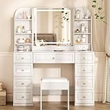 YYJ Makeup Vanity Desk with Mirror and Lights, & Power Outl,Glass Top Big Vanity Table with 9 Drawers& 8 Storage Shelves,Dressing Table Set with Chair for Bedroom,White
