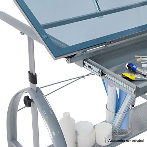 Sd Studio Designs 10060 Avanta Top Adjustable Drafting Craft Drawing Hobby Table Writing Studio Desk With Drawers, 42'' W X 24'' D, Silver/Blue Glass #TOP7