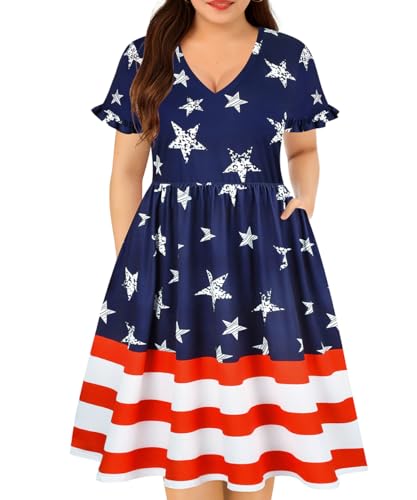 Image of RITERA Plus Size Dresses for Curvy Women Summer Spring Womens Dress V Neck Short Sleeve Casual Dress with Pockets XL-5XL