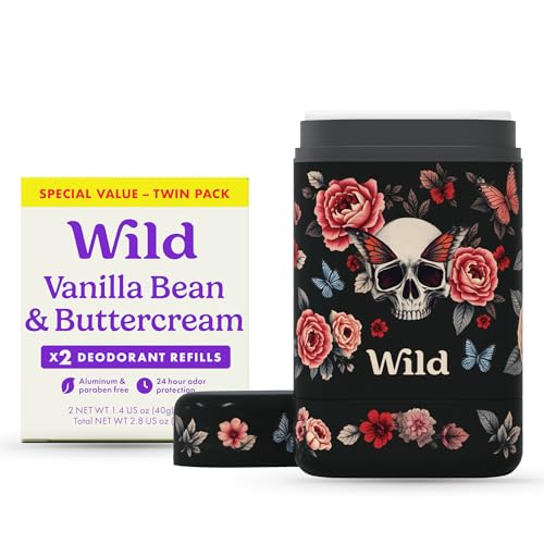 Wild Refillable Deodorant Starter Kit - Limited Edition Skull Case with Vanilla Buttercream Scented Refill Duo Pack - Aluminum Free - Long Lasting Protection - Vegan