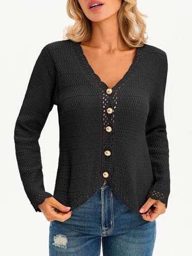 Image of Saodimallsu Womens V Neck Cardigan Sweaters Button Up Cropped Boho Knit Long Sleeve Loose Trendy Sweater Tops