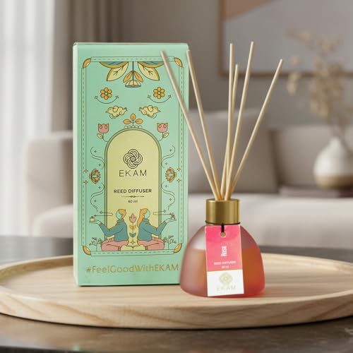 Image of Ekam Frosted Glass 60ml Rose Reed Diffuser Set | Free 6 Fiber Reed Sticks | Stress Relief & Aromatherapy | Long-Lasting Home Fragrance (Up to 60 Days) | Air Freshener for Room, Bedroom & Bathroom