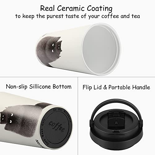 Funkrin Insulated Travel Coffee Mug With Ceramic Coating, Personalized Gifts For Men Women, 16Oz Stainless Steel Tumbler With Flip Lid Portable Handle, Double Wall Leak-Proof Thermos Mug #TOP2